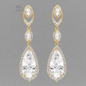 Gold Plated Cubic Zirconia Teardrop Dangle Earrings Wedding Bridal Jewelry 2960 - Picture 1 of 4