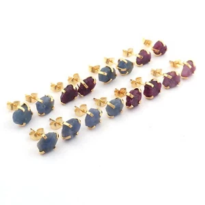 Uncut Raw Sapphire Ruby Birthstone Stud Earring Gold Plated Jewelry Lot 8 Pairs - Picture 1 of 3