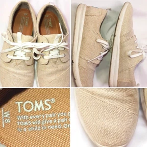 ZAPATOS DE TENIS TOMS INFORMALES CORTADAS CAQUI CON HILOS PLATEADOS CUERDAS BLANCAS W8 - Imagen 1 de 11