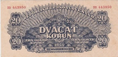 Czechoslovakia 20 Korun 1944 VF NOT Perforated - Image 1 of 2