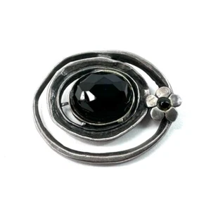 925 Sterling Silver Pendant W/ Natural Onyx & Flower Design - 22.7mm - Handmade - Picture 1 of 9