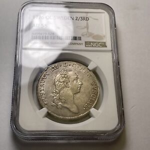 Sweden: Gustaf III 2/3 Riksdaler 1776-OL NGC AU58 Quality Coin!