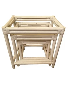 Set Of 3 White Rectangular Shaped Indoor Bamboo Nesting Side Tables - Picture 1 of 13
