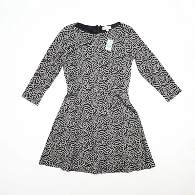 NEW Loft Floral Flare Dress Petite 2P Black Gray Rose Print Boat Neck 3/4 Sleeve - Image 1 of 4