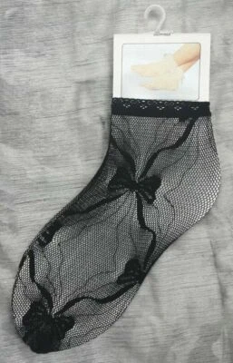 Lace Ankle Socks Black Bow Detail Fishnet One Size S10 — 第 1/4 张图片