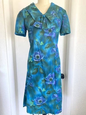 Vintage 1960's Dress Shift Mod Floral Blue Green Retro Housewife Short Sleeve M - Image 1 of 4