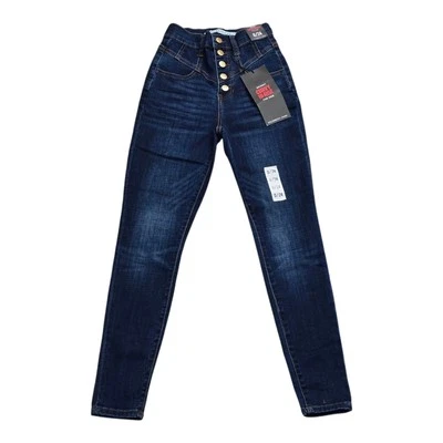 Pantalones de mezclilla para mujer Celebrity Pink Juniors 0/24 botones ajustados curvilíneos tiro alto azul Foto 1 de 4