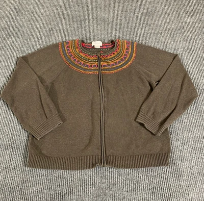VTG Foxcroft Sweater Womens Large Brown Cardigan Full Zip Embroidered Cotton 90s - Image 1 of 4