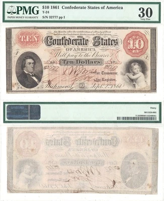 1861 $10 Confederate Note T-24 PMG VF-30 - Image 1 of 3