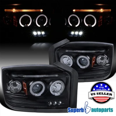 Fit 2005-2007 Dodge Dakota Glossy Black Dual LED Halo Projector Headlights Smoke Foto 1 de 4