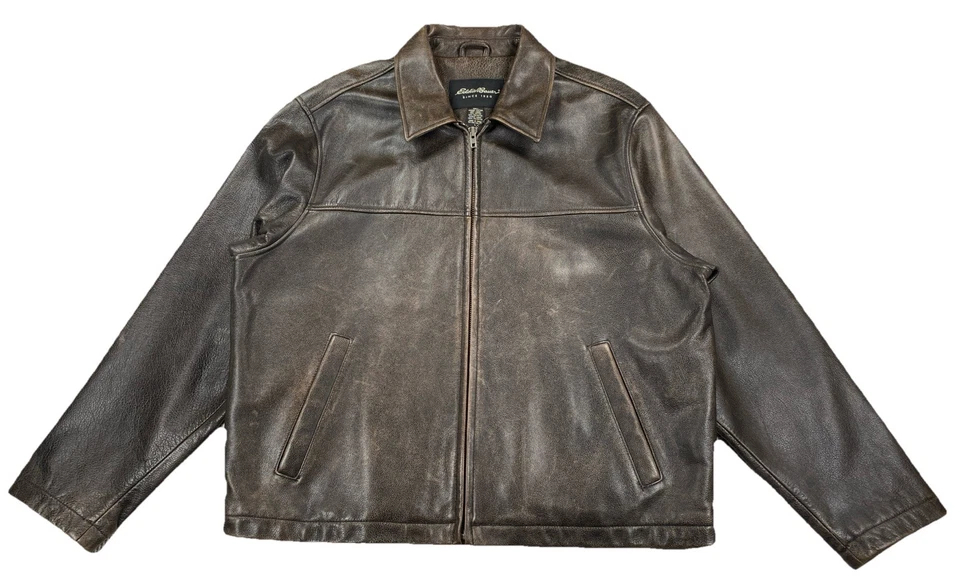 Chaqueta de bombardero vintage de cuero para motocicleta Eddie Bauer marrón grande para hombre Foto 1 de 4