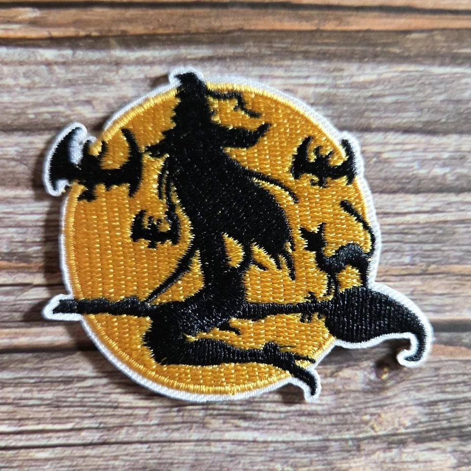 Halloween Witch Riding A Broom Gothic Bats Embroidered Iron on Patch - Image 1 of 2