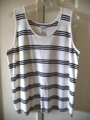 Suéter sin mangas Liz Baker blanco con rayas negras mezcla de algodón tejido 16 XL 1X Foto 1 de 4