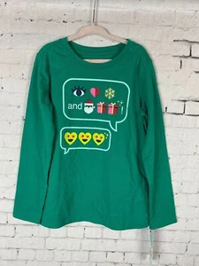 Cat & Jack Christmas Shirt Size Small Girl's Green Long Sleeve Text Emojis (A96) - Foto 1 di 7