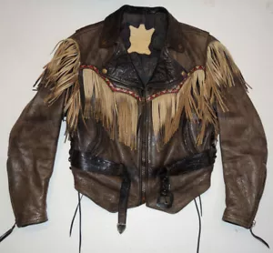 Vtg 90s Walter Co Horsehide Leather Motorcycle Jacket L Western Fringe Design - Picture 1 of 16