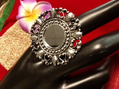 Anel boho espelho oxodizado tom prata/anel indiano Navratri/anel da moda tamanho grande - Imagem 1 de 4