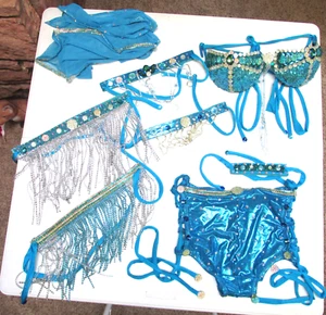 8-teiliges exotisches Burlesque Vegas Show Bauchtanzkostüm zum Binden türkis blau - Bild 1 von 23