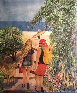 WATERCOLOR ORIGINAL 10x12 People Dog Beach Summer Seaside Impressionism Surf Art - Picture 1 of 6