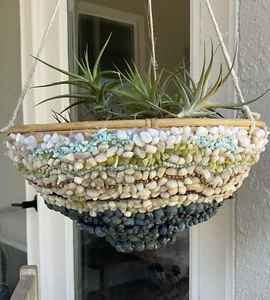 Handmade Hanging Basket Planter, With Natural Stones, Beads, Pebbles Etc. 12” - Picture 1 of 8