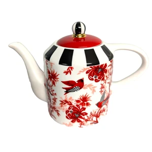 MacKenzie Childs Red Cardinal Toile Teekanne Vogel Blumen Karo Streifen Akzente - Bild 1 von 5