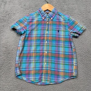 Ralph Lauren Boys Button Down Shirt Size 6 Blue Plaid Colorful Short Sleeve Logo - Picture 1 of 9