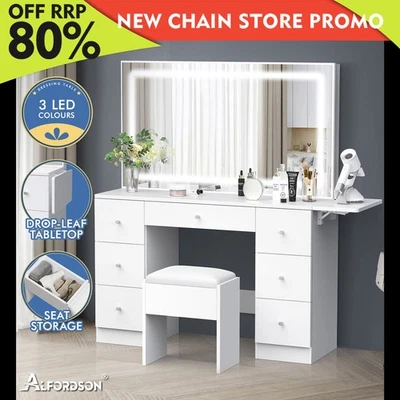 ALFORDSON Dressing Table Stool Set Makeup Mirror LED Vanity Desk 7 Drawers White - image 1 of 4