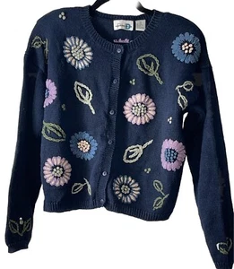 Paul Harris Design Womens Sweater S Embroidered Blue Floral Grandmacore - Picture 1 of 10