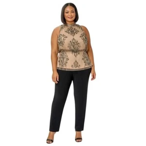 Adrianna Papell Beaded Mesh Halter Sleeveless Blouson Top Nude Tan Plus Size 18W - Picture 1 of 12