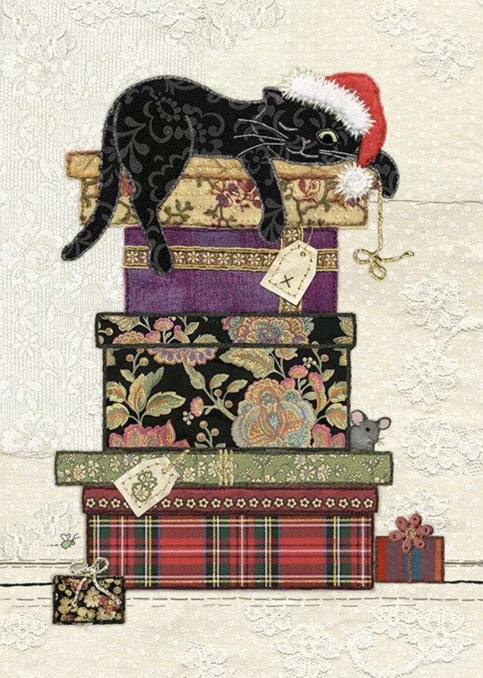 Bug Art Christmas card embossed sewn/fabric effect ~ Cat Presents ~ SINGLE - Image 1 of 1