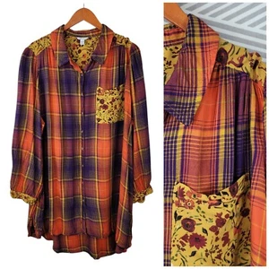 Cato Top Plus 22/24W 3X Blouse Shirt Lightweight Button up Plaid Floral Orange - Picture 1 of 8