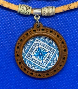 NWOT Portuguese Tile Style Pendant on Wood w Beads on Cork Necklace Portugal - Picture 1 of 13