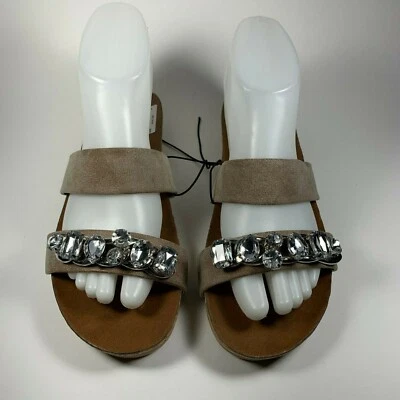 Nicole Rhonda Taupe 2-Strap Sandals Slides Rhinestone Chain Detail Size 7  - Image 1 of 4