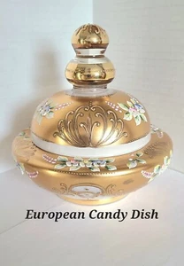 vtg European Czech Bohemian CANDY DISH w Applied Flowers GOLD GILT / free ship - Picture 1 of 22