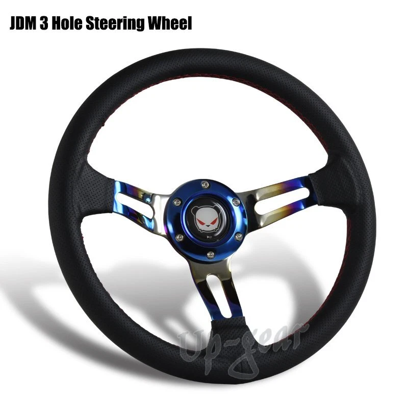 Volante de corrida 350 mm titânio azul vermelho costurado couro preto 3 raios - Imagem 1 de 3