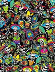 Tela Día de Muertos Esqueletos sobre Algodón Negro TESOROS ATEMPORALES 1/4 yarda C1207 - Imagen 1 de 5