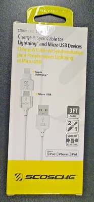 SCOSCHE Strikeline Pro 2-in-1 MFI Certified Lightning & Micro USB to USB 3 FT - Image 1 of 2
