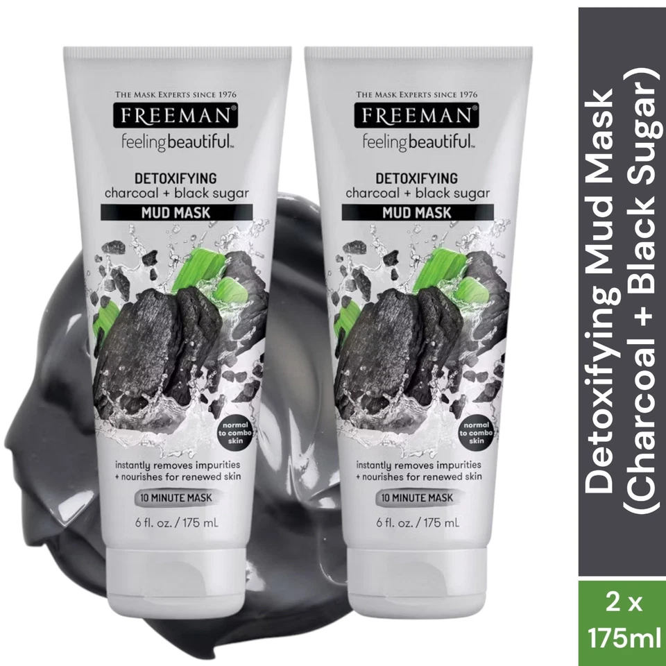 Freeman Charcoal & Black Sugar Mud Mask 175ml x2 Deep Clean Detox Face Care - Image 1 of 4