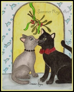 Cute cats kissing under the mistletoe, Christmas holiday, notecard #274 - Picture 1 of 2