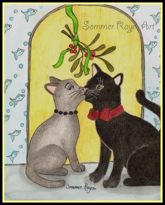 Cute cats kissing under the mistletoe, Christmas holiday, notecard #274 - Image 1 of 2