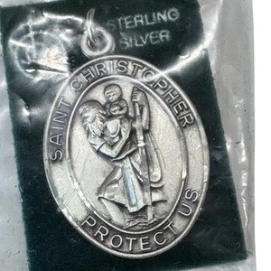 Sterling Silver St Christopher Protect Us Medal Oval Charm Pendant 1" NIB - Picture 1 of 4
