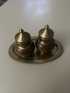 Vintage Walnut Wood &Brass Top Salt & Pepper Shakers. 2" On Tray - Picture 1 of 5