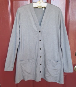 Logo Lori Goldstein langer Strickpullover SMALL grau Knopfleiste Taschen A+ - Bild 1 von 5