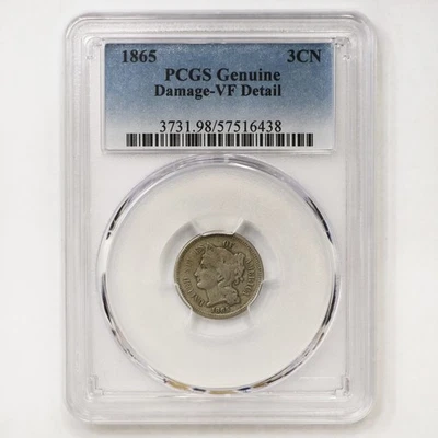 1865 III 3 Cent Nickel 3C U.S. Coin PCGS Genuine Dam. VF Detail - Image 1 of 4