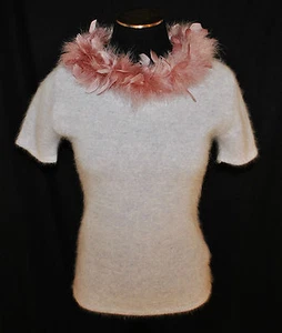 Suéter RARO CHIC DE COLECCIÓN Años 90 Ajustado Gris Angora Rosa Pluma Boa Cuello Línea Talla M - Imagen 1 de 5
