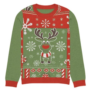 Unisex Ugly Christmas Sweater Reindeer Version All-Over Print, Sizes 2XS-6XL - Picture 1 of 16