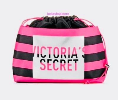 Bolso de Maquillaje Victoria's Secret Bolso de Belleza Rosa y Negro Rayas Logo Nuevo Foto 1 de 3
