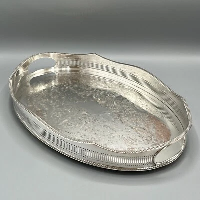 Bandeja para servir galería chapada en plata vintage asas inglés cóctel bebidas té Foto 1 de 4