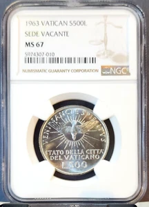 1963 VATICAN SILVER 500 LIRE S500L SEDE VACANTE NGC MS 67 GEM BU GREAT LUSTER - Picture 1 of 3