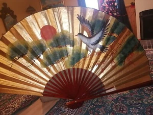 5' X 3.5' Large VTG Chinese Bird Hand Painted Brise Fan Gold Bamboo elegant - Picture 1 of 12