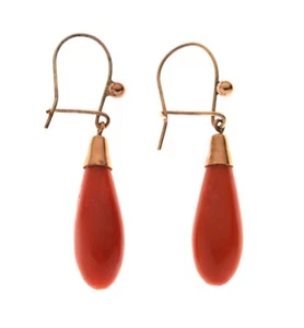 Antique Victorian 9ct gold Natural Blood Red Coral Torpedo Drop Earrings pierced - Picture 1 of 6
